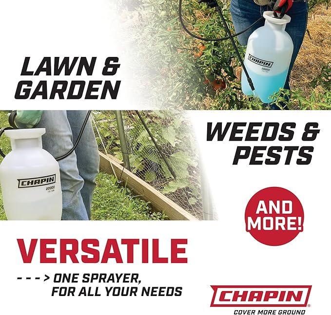 Chapin 20005 Pump Sprayer, 2‑Gallon, Lawn & Garden, Translucent Poly Tank, Funnel‑Top, SureSpray Anti‑Clog Filter, Adjustable Cone Nozzle & 34" Hose for Fertilizer, Weed & Pest Application