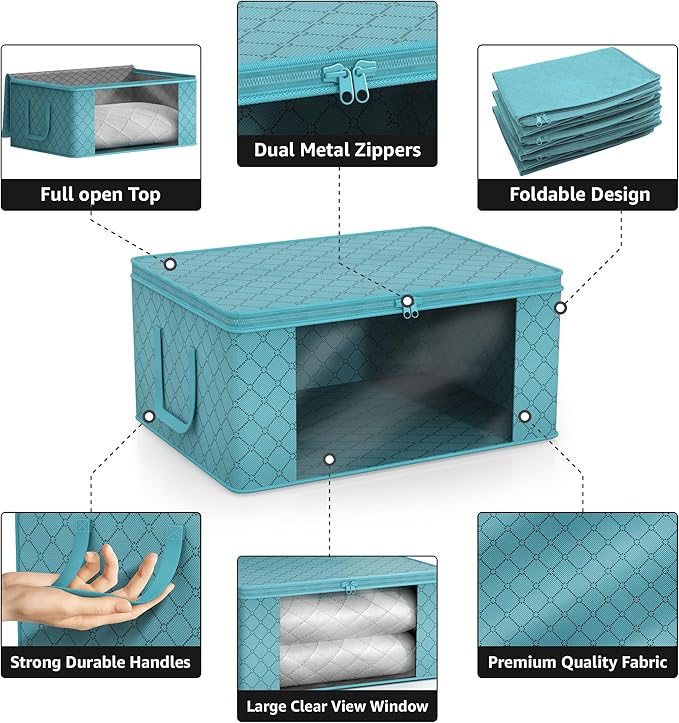 Sorbus Medium Clothes Storage Bags - Foldable Blanket Storage Bins for Organizing Bedroom, Closet, Clothing, Comforter, Organization with Clear Window, Lids and Carry Handles - Set of 3