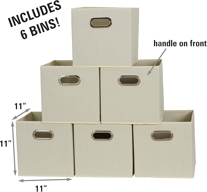 Fabric Storage Bins 6 Piece Set, Strong Poly-Woven Fabric, Sturdy Chipboard Sides, Grommet Front Handle, Stackable and Foldable, Classic Design, Cream