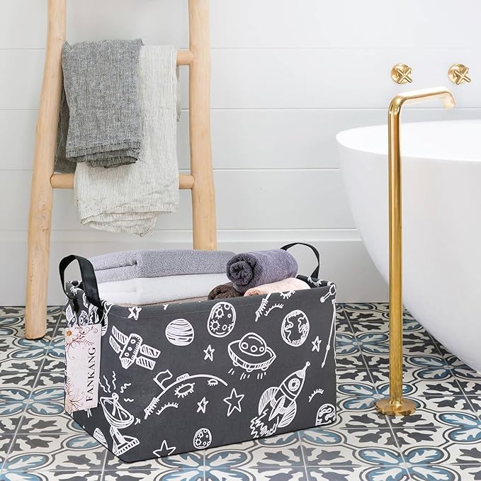 FANKANG Storage Basket,Nursery Hamper Canvas Laundry Basket Foldable with Waterproof PE Coating Storage, Office, Bedroom, Clothes,Toys (Rec-Space Planet)