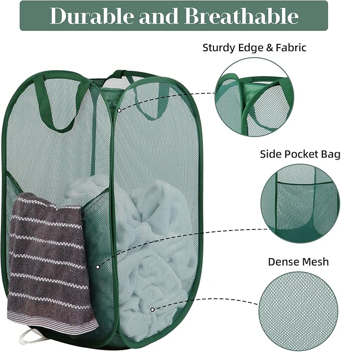 Durable Collapsible Laundry Baskets, Tear-resistant Pop Up Hamper for Laundry, Foldable Clothes Hamper with Reinforced Carry Handles Handy Pocket for Laundry Room, Bathroom, Dorm or Travel Emerald