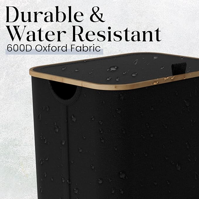 Laundry Basket with Wheels and Handle - 100L Bamboo-Fabric Laundry Hamper with Lid, Front Mesh Pocket, Travel Bag, Sturdy Wheels, Black