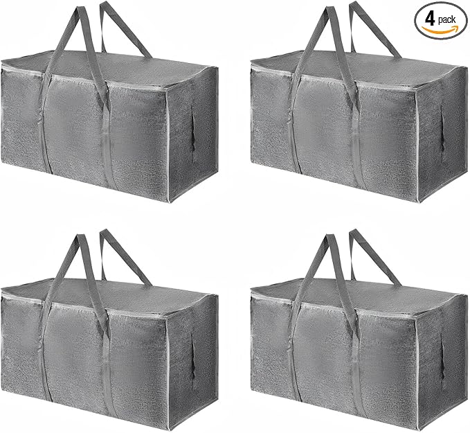 4 Pack-Extra Large Heavy Duty Moving Bags - Waterproof Storage Totes with Handles & Zippers, Foldable for College Dorm, Storage (Gray)