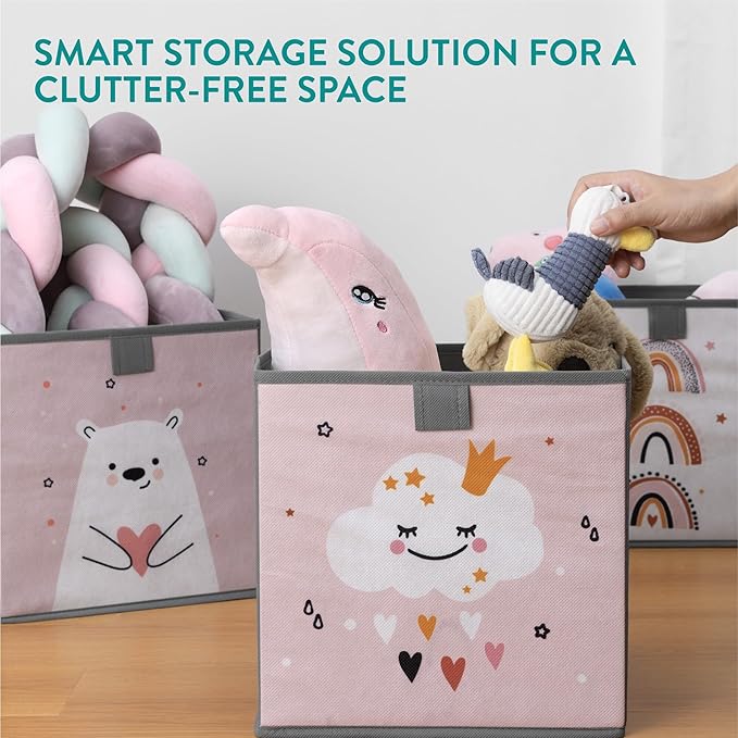 Navaris Kids Storage Cubes Set of 3 - Kids Cube Fabric Organizer Storage Bins - Foldable Cloth Cube for Childrens Bedroom Baby Nursery - Book Toy Bin Cubby Storage - Pink/White