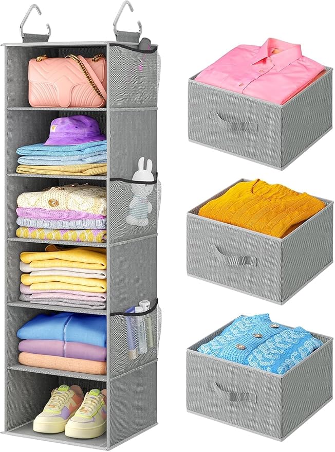 Pipishell Hanging Closet Organizer 6-Shelf, Hanging Shelves for Closet with 3 Removable Drawers & Side Pockets for Bedroom, Garment Rack and Wardrobe Organization, 12' x 12' x 43.3', Dark Gray