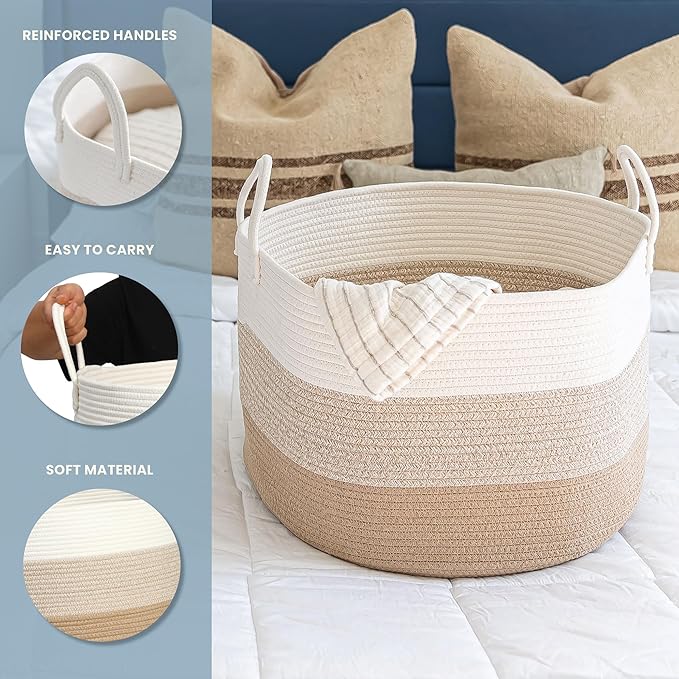 OrganiHaus Large Woven Storage Basket for Blankets and Toys 20" x 13" Inch, Rope Laundry Basket with Handles, Cushions & Pillows Storage Bin, Nursery Hamper, Soft Round Dog Toy Bin - Honey