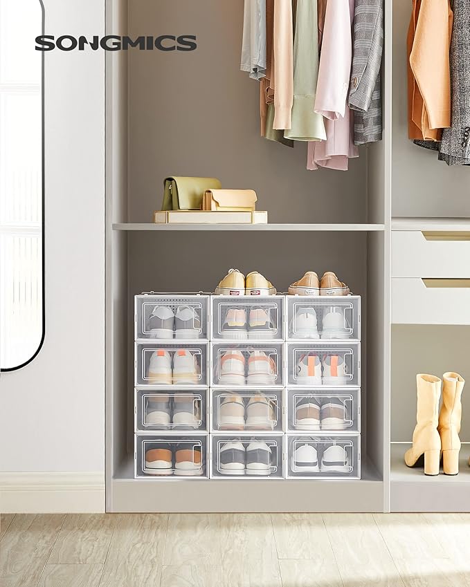 SONGMICS Shoe Boxes, Pack of 12 Shoe Storage Organizers, Stackable Clear Plastic Boxes for Closet, Sneakers, 13.1 x 9.1 x 5.6 Inches, Transparent and White ULSP12SWT