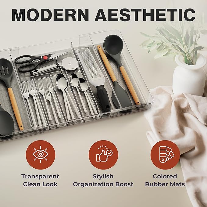 Masirs Expandable Utensil Drawer Organizer - BPA-Free Plastic Clear Silverware Tray with Multiple Compartments - Non-Slip Cutlery Storage for Kitchen, Bathroom, or Office Drawers (Grey)