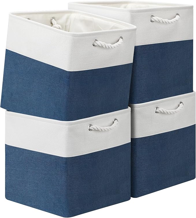 13x13 Storage Cube Bins 4Pack,Collapsible Cube Storage Organizer for Closet, Fabric Storage Box w/ Rope Handles, Foldable Storage Baskets for Shelves, Clothes,Closet Organization - White/Blue