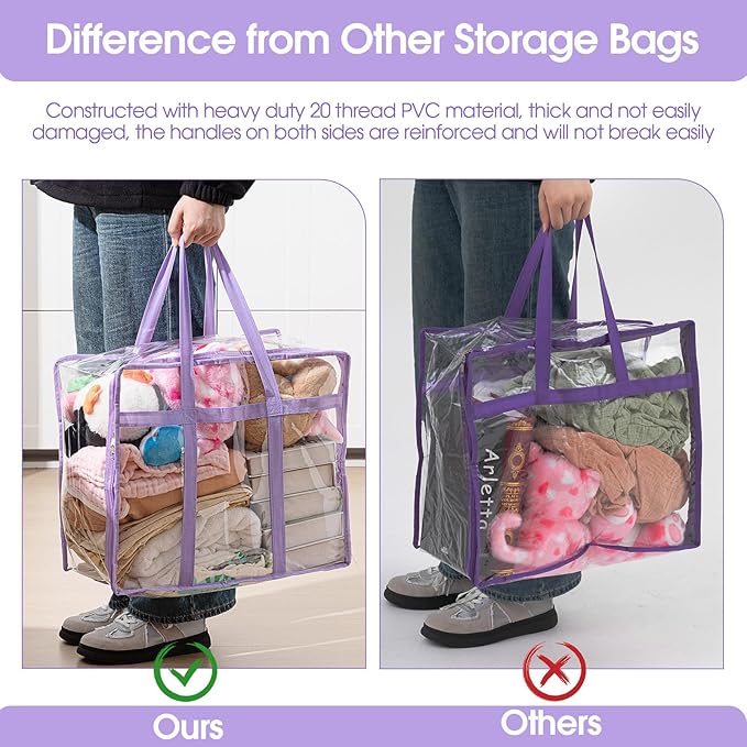 6 PCS Clear PVC Zippered Storage Bags 40L Plastic Closet Organizers and Storage Containers Foldable Moving Bags with Reinforced Handles for Bedding, Blankets, and Seasonal Clothes(Purple)