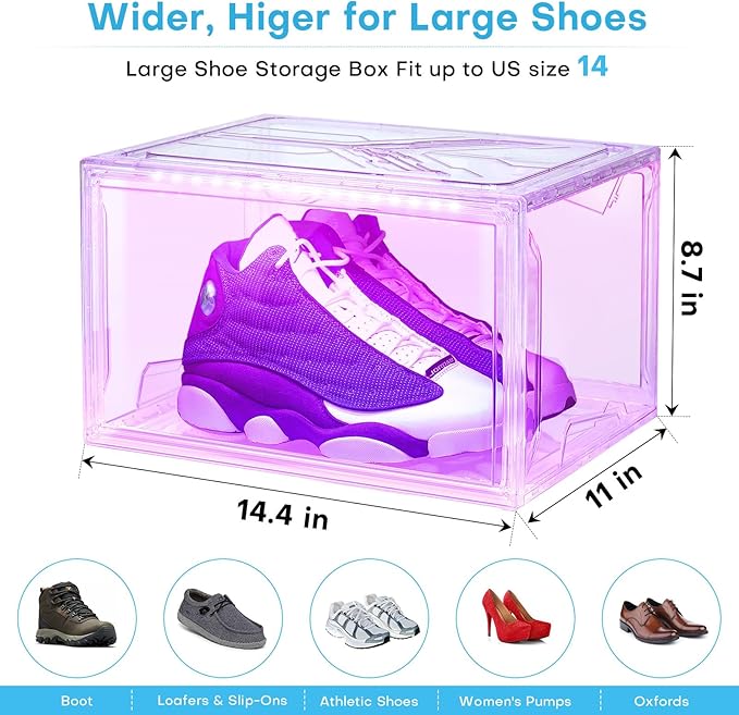 Shoe Storage Organizer for Closet, Foldable Shoe Boxes Rack 2 pack, Clear Plastic Stackable Containers Bins Holder, Magnetic Sneaker Shelf for Sneakerheads with LED Lights Clear