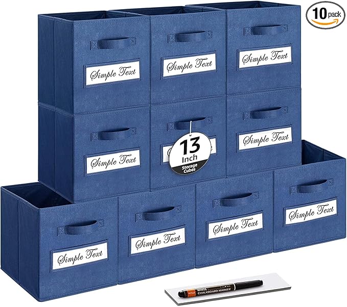 artsdi 13x13x13 storage cube bins (Set of 10) Fabric storage cubes with 10 Labels Window Cards & a Pen, storage cubes 13x13, Collapsible 13 inch cube storage bins, Cubby Organizer Boxes, Navy Blue