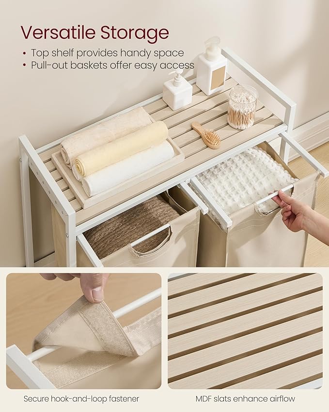 VASAGLE Laundry Hamper, Laundry Basket Sorter with 2 Pull-Out and Removable Bags, Shelf, Metal Frame, 2 x 12.1 Gallons (46 L), 28.8 x 13 x 28.4 Inches, Cappuccino Beige and Natural Beige UBLH201LH01