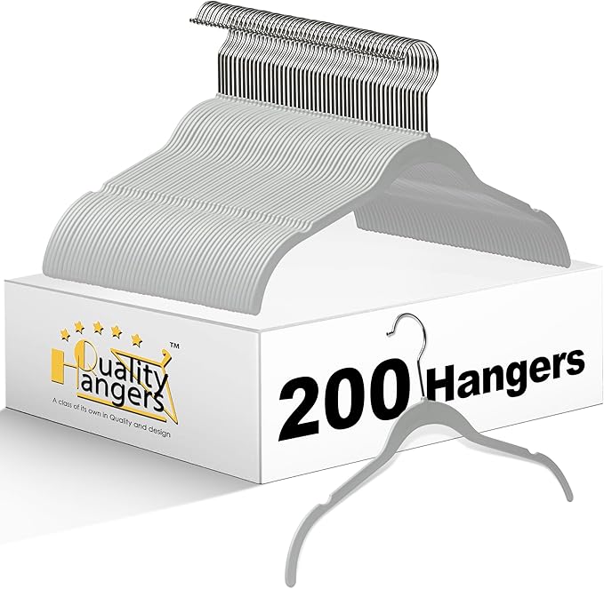 Quality Hangers Clothes Hangers 200 Pack - Non-Velvet Plastic Hangers for Clothes -Heavy Duty Coat Hanger Set -Space-Saving Closet Hangers with Chrome Swivel Hook, Non-Flocked Hangers (200, Gray)