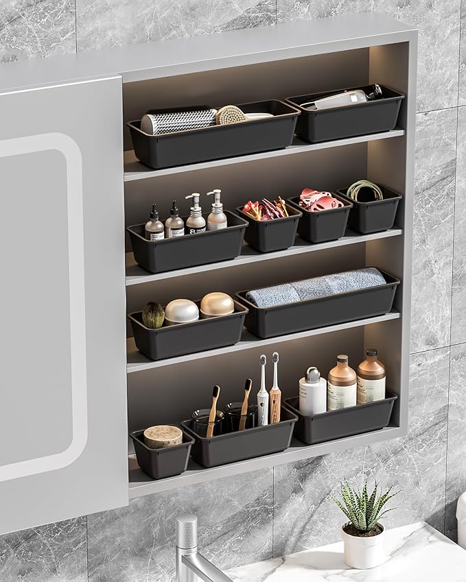 13 Pack Plastic Drawer Organizers Set, 3 Sizes Desk Drawer Organizer Trays for Vanity and Makeup Organizer, Organization and Storage for Makeup, Kitchen Utensils, Bathroom and Office(Black)