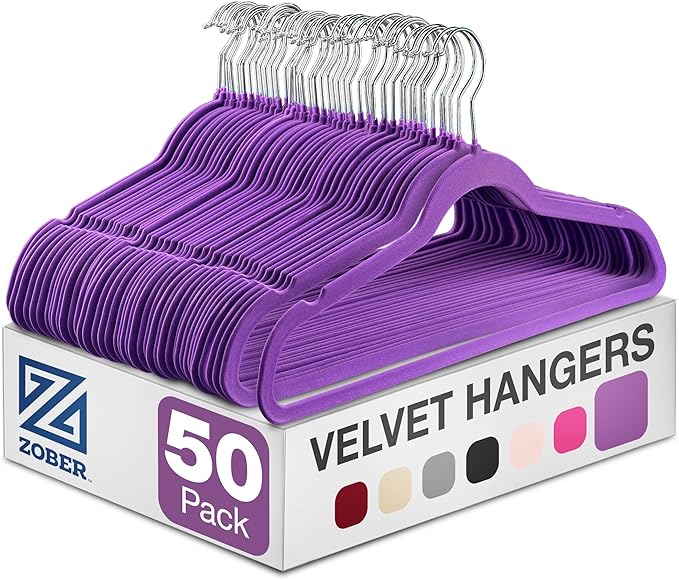 ZOBER Purple Velvet Hangers 50 Pack - Clothes Hangers, Coat Hanger for Pants & Dress Clothes - Non Slip w/ 360 Degree Swivel, Holds up to 10 lbs - Strong Felt Hanger for Clothing