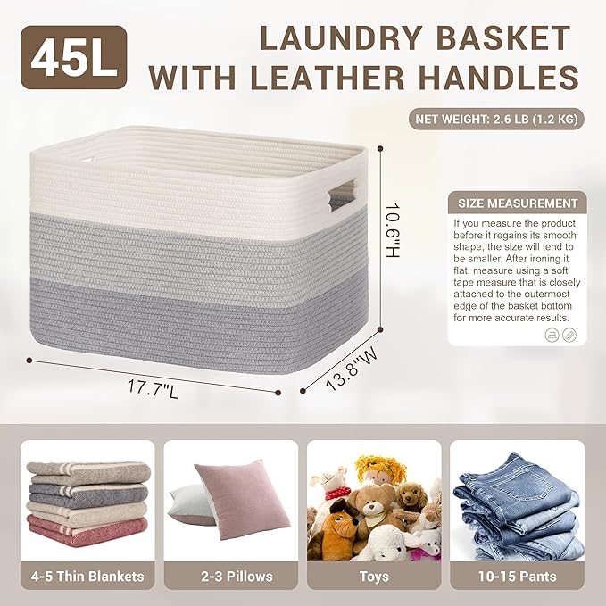 45L Small Laundry Basket with Leather Handles for Living Room Storage, Woven Rope Baskets Bin for Blanket, Kids Toy, Gifts, Wicker Hamper for Bedroom Dirty Clothes, 18"x14"x11" Gradient Grey