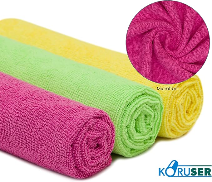 KORUSER Microfiber Cleaning Cloths - Reusable and Washable - Multi Purpose Indoor/Outdoor Cleaning/Dusting/Polishing on Kitchen/Bathroom/Auto Surfaces (12 Pack/High Grammage)