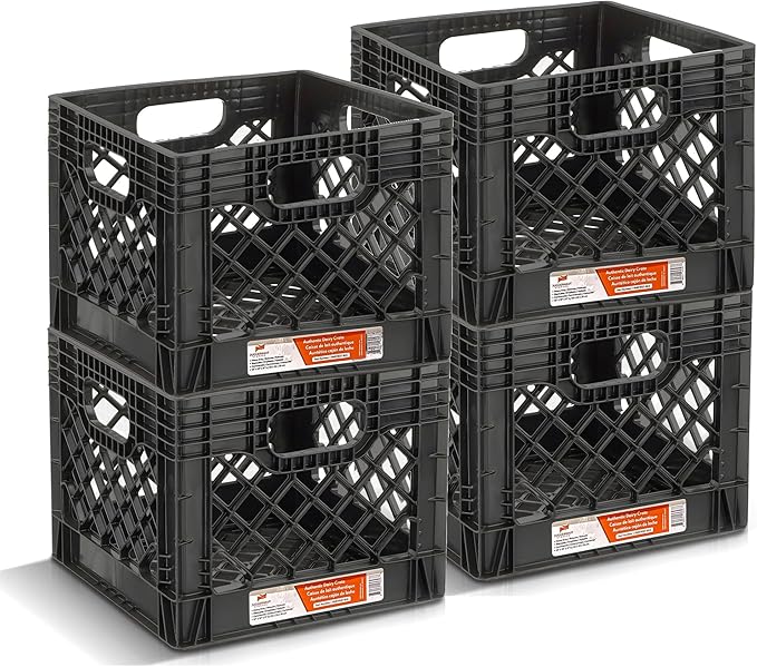 Juggernaut 16 Quart Storage Crate, Milk Crate Plastic Basket w/ 4 Handles, Organizer Bins for Office Storage & Classroom Organization, 4-Pack, Black