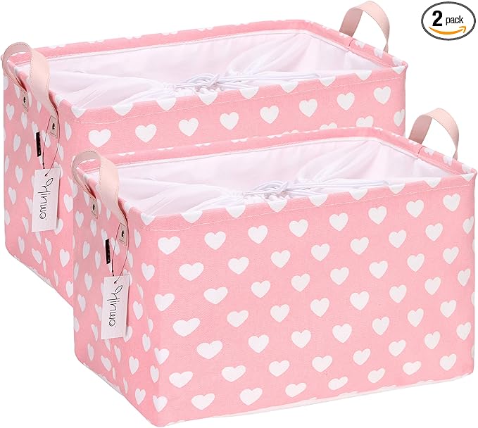 Hinwo 2-Pack Large Canvas Fabric Storage Basket with Handles, 33L/8.6-Gal Rectangle Bin, Collapsible Storage Box, Clothes, Toys, Blankets Organizer, 16.5 x 12 x 10 Inches (L, Pink Heart)