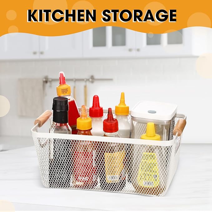 4 Pcs Metal Wire Basket with Wooden Handles Mesh Steel Storage Organizer Bin Containers for Home Organizing Cabinet Pantry Closet Kitchen Fridge Fruit Makeup Snacks Gifts(Medium,Cream White)