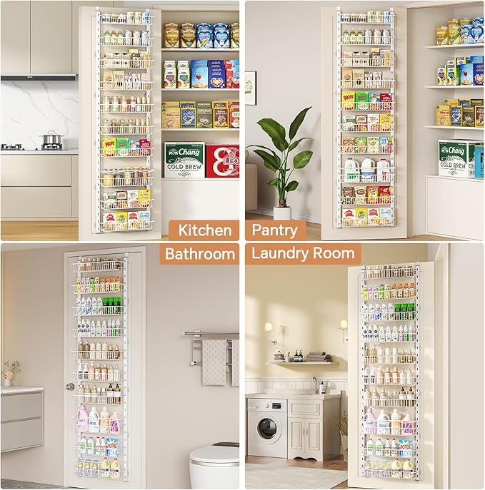 MIAOLI Over the Door Pantry Organizer, 10-Tier Adjustable Spice Rack Cabinet Door Shelves, Hanging Seasoning Organizer for Kitchen Bathroom, Laundry Room Organization, White