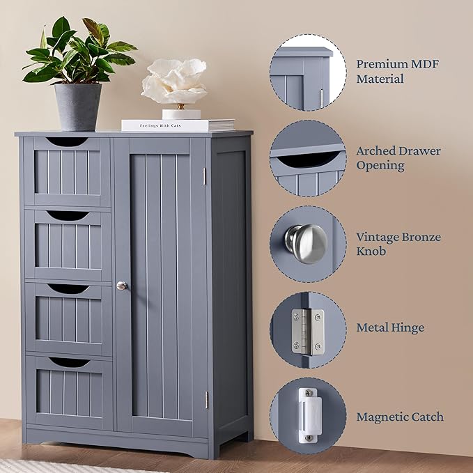 Yaheetech Bathroom Floor Cabinet, Freestanding Storage Organizer Unit Kitchen Cupboard W/ 4 Drawers & Adjustable Shelves, Using for Kitchen/Bathroom, Gray