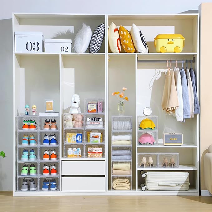 Storage Bins with Lids 10 Pack Clear Stackable Plastic Closet Organizers Containers w/Magnetic Door Box for Wardrobe Bedroom Office Dorm