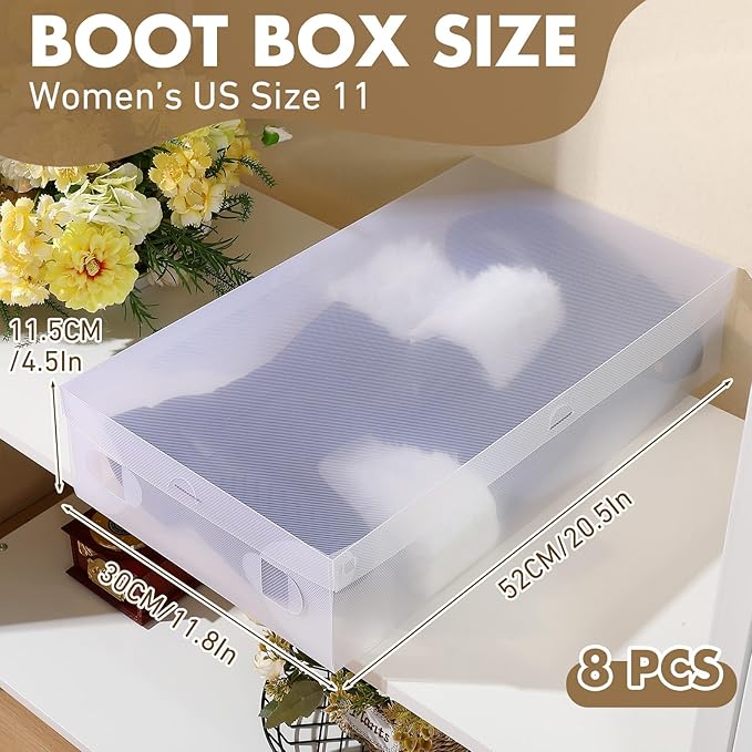 Sintuff 8 Pack Large Boot Storage Boxes with Lids for Tall Boots 20.5" x 11.8" x 4.5" Stackable Clear Plastic Shoe Organizer Container Space-saving Shoe Storage Box for Sneakers and High Heels