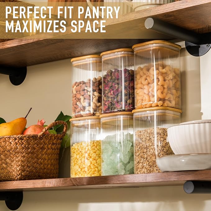 D2scrma 37oz Airtight Glass Square Storage Canisters with Bamboo Lids Set of 6 (1100ml) Striped Stackable Containers, Decorative Kitchen Jars for Tea, Nuts and Coffee (‎with Black Lable)