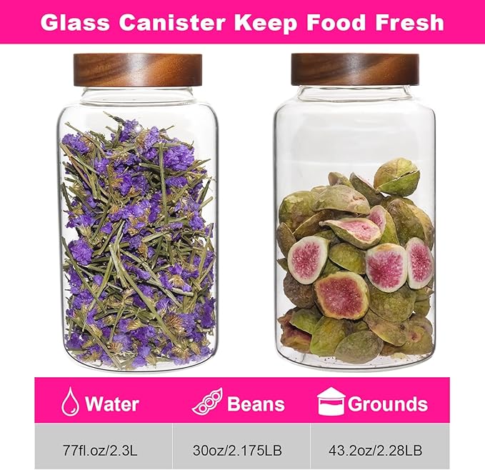 Patoper Glass Coffee Jars Spice Jar Round Storage Canister with Wooden Lid Clear Glass Food Jar for Pantry Sugar Tea Coffee Bean Spice Nuts Cookies Bath Salts (2300ml/77oz-2PACK(with spoon)