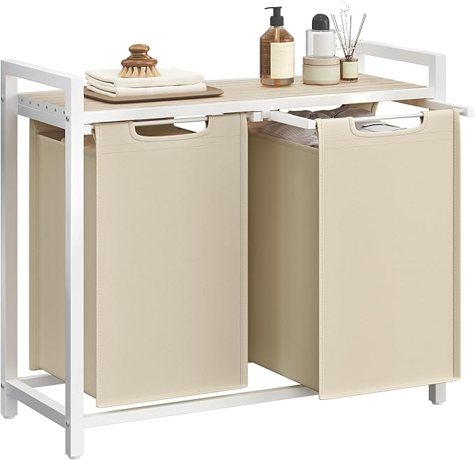VASAGLE Laundry Hamper, Laundry Basket Sorter with 2 Pull-Out and Removable Bags, Shelf, Metal Frame, 2 x 12.1 Gallons (46 L), 28.8 x 13 x 28.4 Inches, Cappuccino Beige and Natural Beige UBLH201LH01