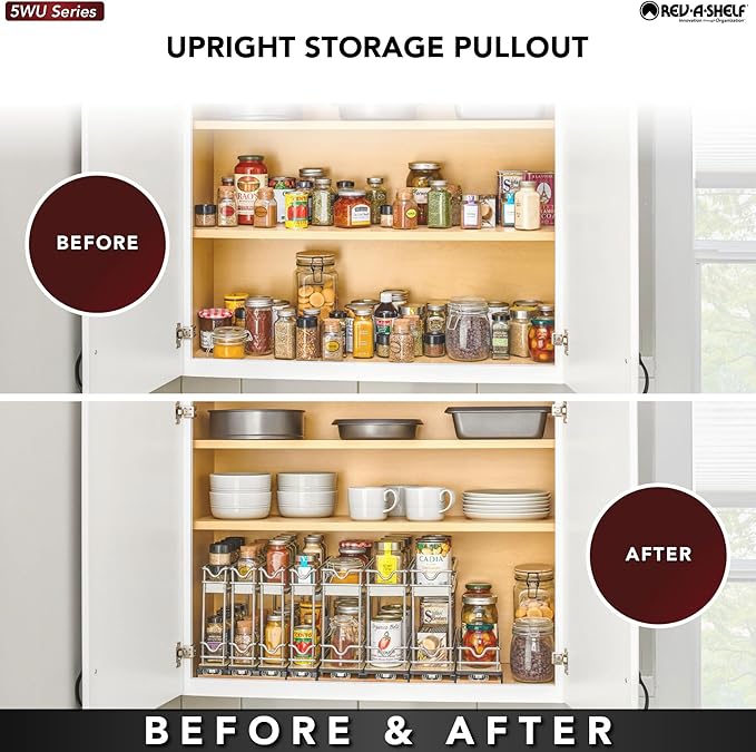 Rev-A-Shelf 9" Pullout Organizer for Cabinets, Single-Tier & Single-Wide Upright Sliding Storage for Kitchen Shelf, 5WU1-5W1-1