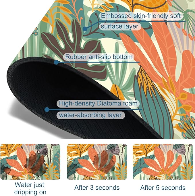 Abstract Leaves Sink Splash Guard Faucet Mat Boho Leaves Super Absorbent Fast Drying Mat Sink Gadgets-Splash Guard Behind Faucet Drip Catcher for Kitchen Bathroom, 23.5"x5.5"