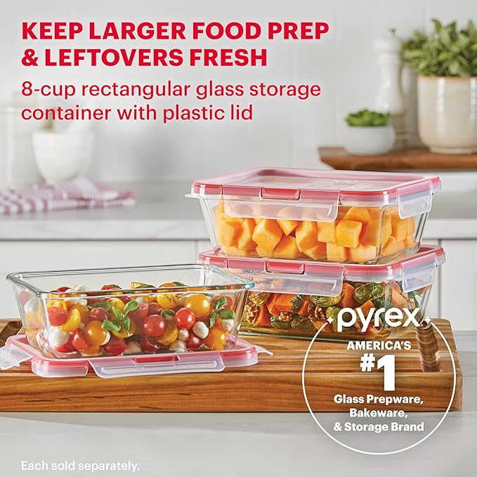 Pyrex Freshlock Glass Food Storage Container, Airtight & Leakproof Plastic Locking Lids, Freezer Dishwasher Microwave Safe, 8 Cup