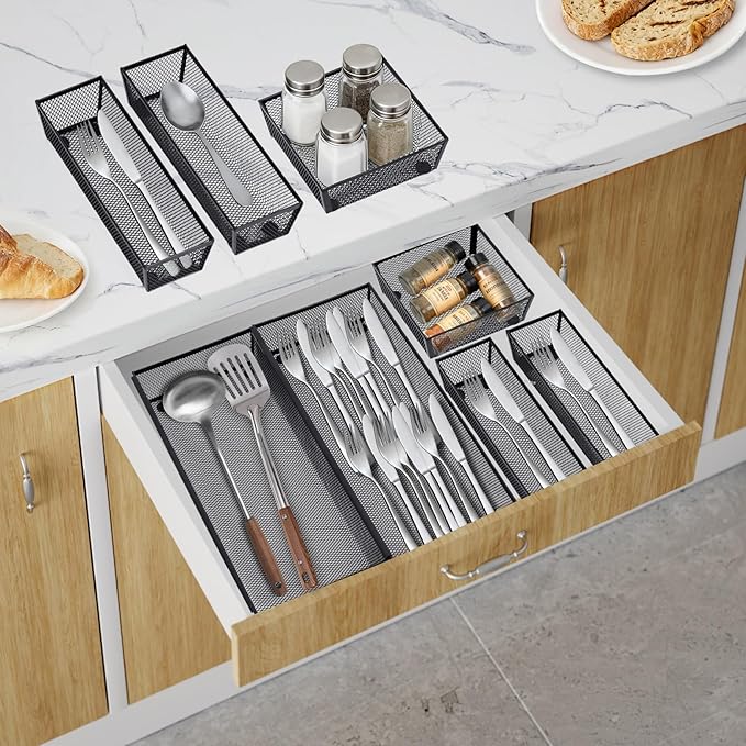 Neudeco Silverware Drawer Organizer,Utensil Organizer for Kitchen Drawer Organizer for Large Utensils with Interlocking Arm, Silverware Storage Cutlery Tray for Knives Fork Spoon (Pack 5, Black)