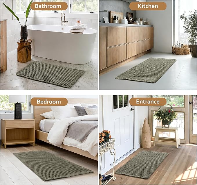 JIUZHEN Upgraded Waffle Bath Mat Super Absorbent Bath Mats for Bathroom Floor Machine Washable Non Slip Waffle Rugs with Rubber Backed Ultra Soft Bathroom Mats,16" x 24", Olive Green