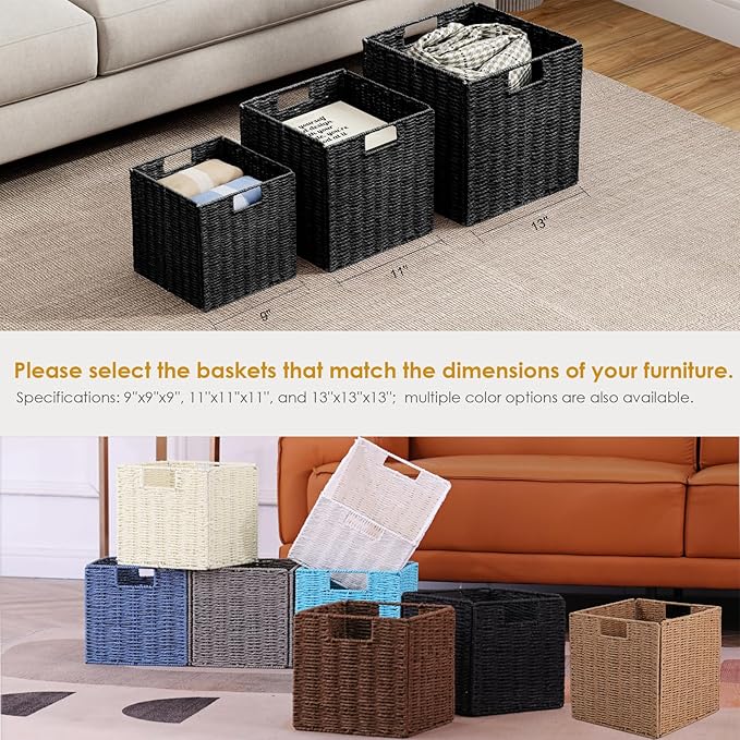 Vagusicc Storage Basket, Set of 2 Hand-Woven Paper Rope Wicker Baskets for Storage, Foldable Cube Storage Bins Organizer, 9 inch Medium Wicker Storage Baskets for Shelves Pantry Organizing Decor, Grey