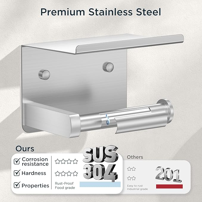 FORIOUS Toilet Paper Holder with Shelf, Adhesive or Screw Wall Mount Toilet Roll Holder for Bathroom, Rustproof 304 Stainless Steel Commercial Toilet Tissue Holder, 2 Pack Brushed Nickel
