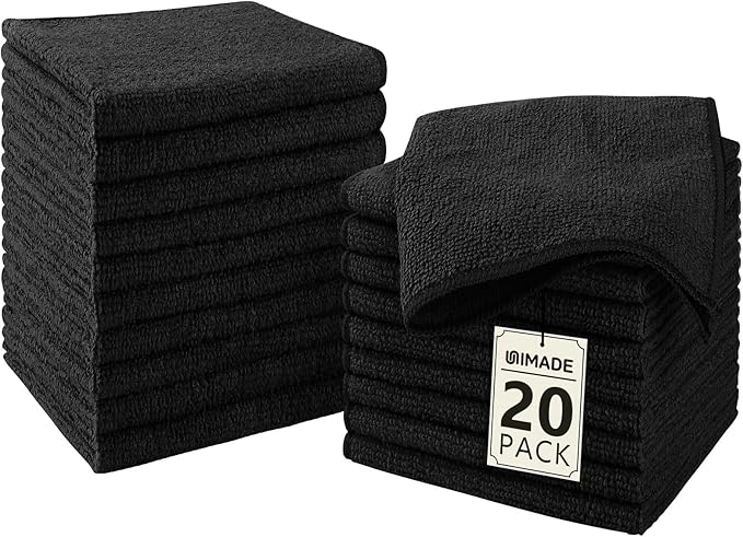Washcloths - 20 Pack - Face Towels (12" x 12"), Highly Soft Wash Cloths and Hand Towels, Fast Drying Multi-Purpose Microfiber Cleansing Cloths for Bathroom, Hotel, Spa, and Salon - Black