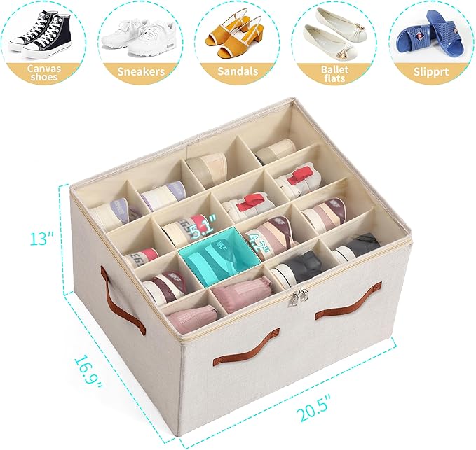 Shoe Organizer for Closet, Foldable Large Shoe Storage Box with Clear Cover, Removable Partitions and Bottom are Supported by Plastic Boards (Beige, 20.5“Lx16.9 Wx13'H)