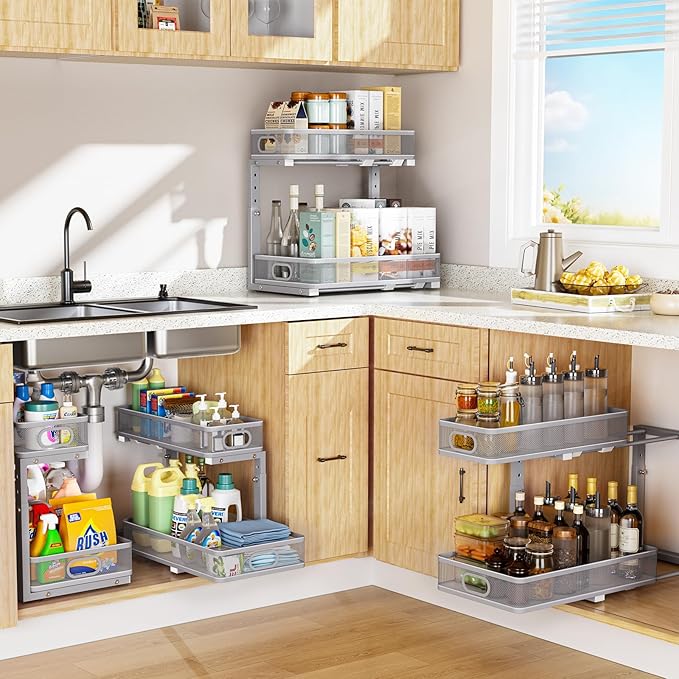 Under Sink Organizer, High Adjustable 2 Tier Under Sink Organizers and Storage, Slide Out Metal Cabinet Organizers, Pull Out Sink Storage Drawer Shelf for Kitchen Bathroom Cabinet, Grey, 1 Pack