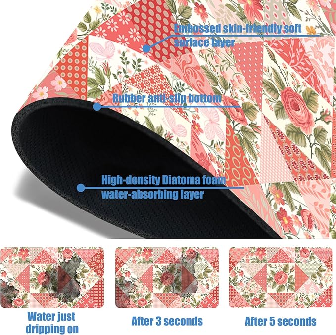 Sink Splash Guard Faucet Mat Roses and Butterflies Absorbent Fast Drying Mat Sink Gadgets Splash Guard Behind Faucet Drip Catcher for Kitchen Bathroom 15.5"X5.5"
