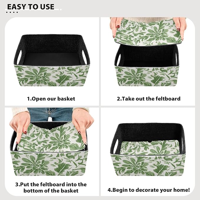 Closet Storage Bins 2 Pcs Felt Open Home Storage Containers Organizer with Handles Collapsible Shelf Basket for Home Office Craft Room Classroom Fabric Green Vintage Flower Bohemian
