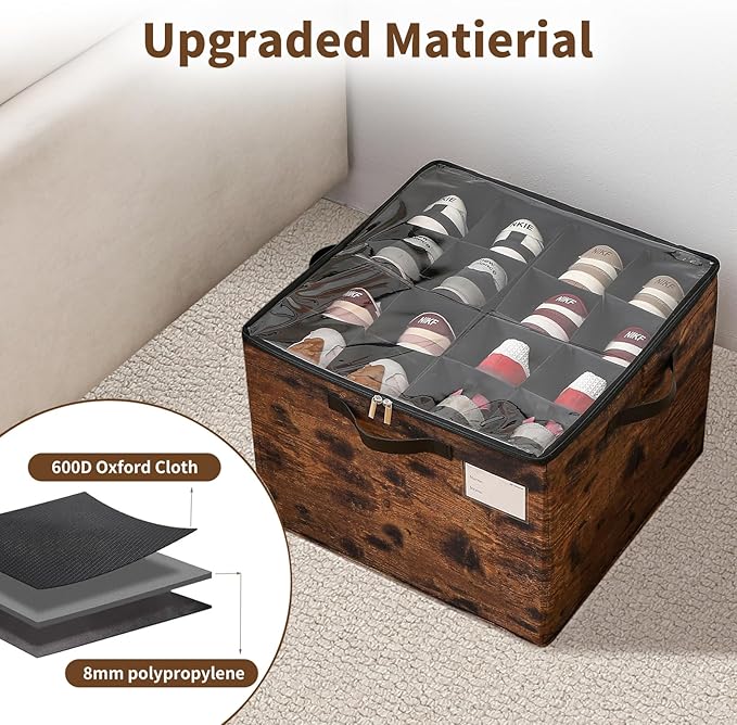 Varhomax Shoe Organizer Box for Closet 2 Pack, Fabric Shoe Storage Bin with Adjustable Dividers & Clear Cover, Holds up 16-32 Pairs of Sneakers & Sandals for Entryway, Cubby (Rust Brown)