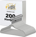 Quality Hangers 200 Pack Slim Plastic Hangers for Clothes - 16.5" Won't Crease Your Clothes, Heavy Duty Non-Velvet Gray Hangers, 360° Swivel Chrome Hook Dresses Coats Shirts