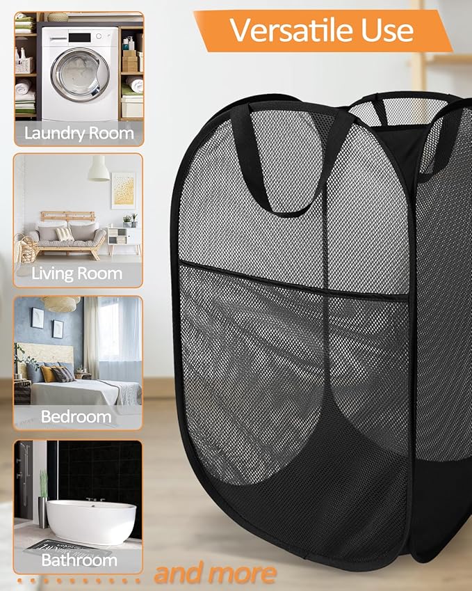Durable Collapsible Laundry Baskets, Upgrade Foldable Pop Up Hamper for Laundry, Mesh Clothes Hamper with Side Pocket, Reinforced Carry Handles for Laundry, Bathroom, Kids Room, Dorm or Travel Black
