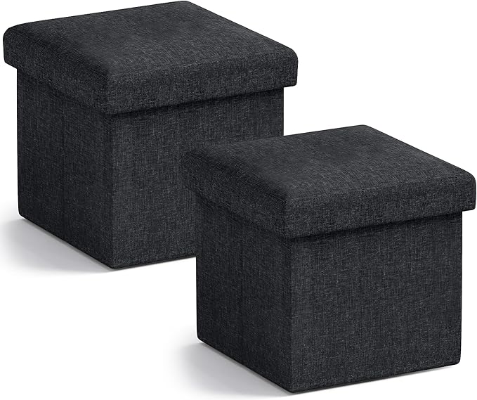 Ornavo Home Small Storage Ottoman, Set of 2 Foldable Collapsible Cube Square Linen Ottoman Foot Rest Stool Seat, for Living Room, Bedroom, Home Office, Dorm - 12 x 12 x 12, Black