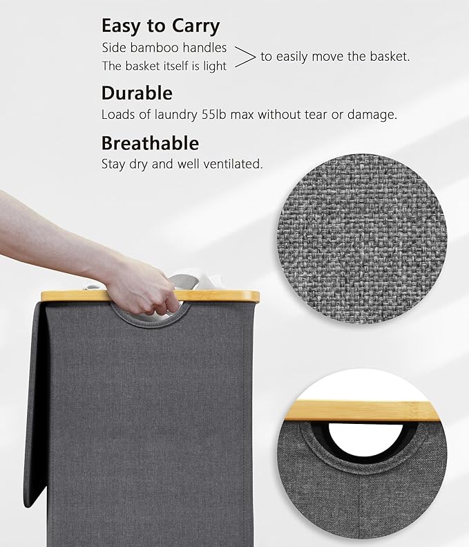 SUOCO Laundry Hamper with Lid, 29 Gal (110L) Clothes Basket with Bamboo Handles, Large Foldable Laundry Hamper for Bedroom, Bathroom, Dorm, Laundry Room - Grey