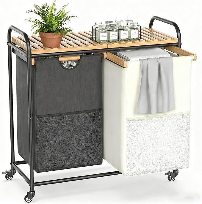 Laundry Sorter 2 Section, Laundry Hampers with Removable Shelf and Pull-Out Bags, Rolling Cart Clothes Hampers Basket with Wheels for Laundry Room Bathroom, 2 x 46 L